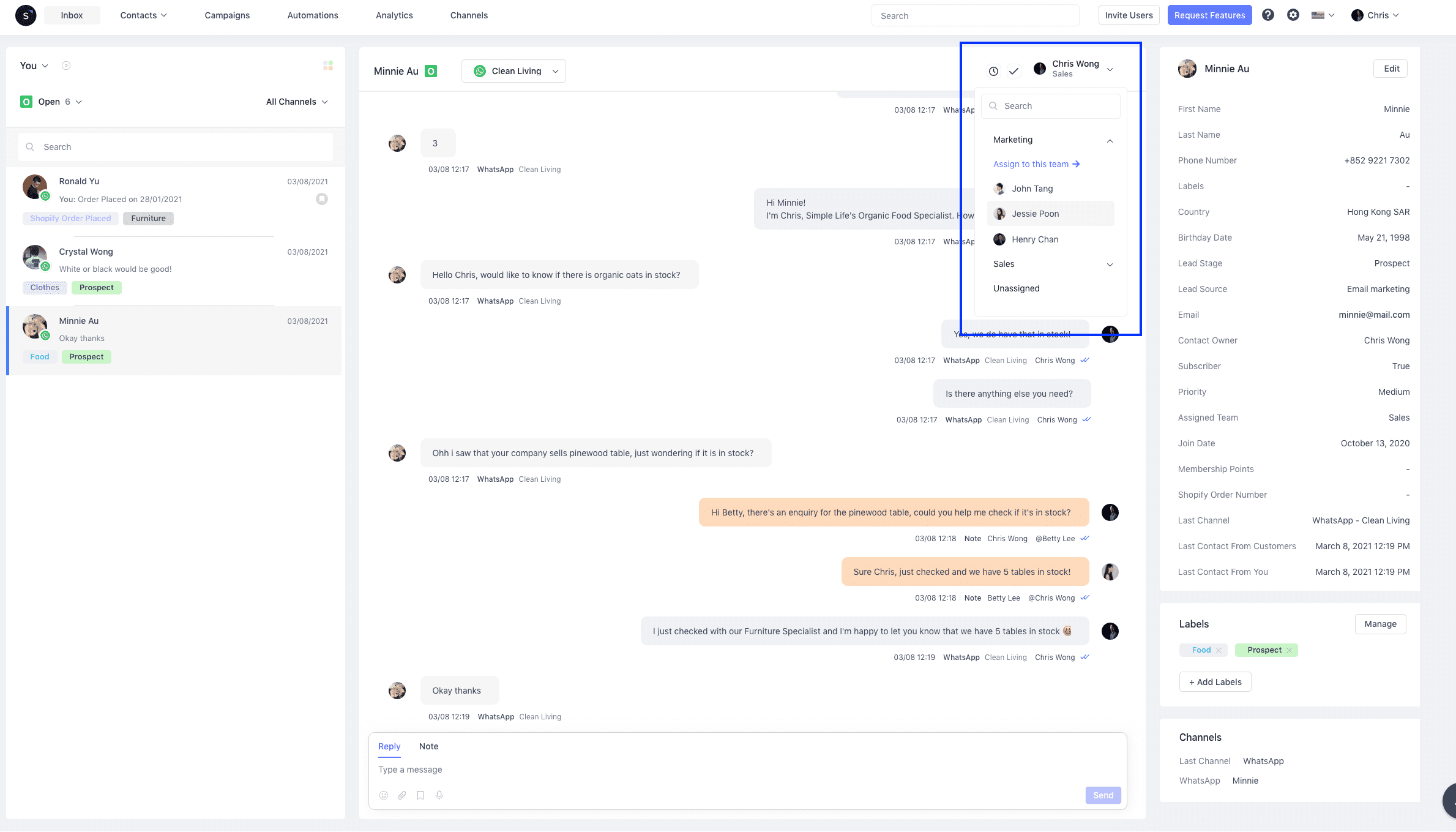 SleekFlow omnichannel interface enables multiple logins on whatsapp with a web api