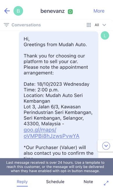 Automated WhatsApp message for appointment