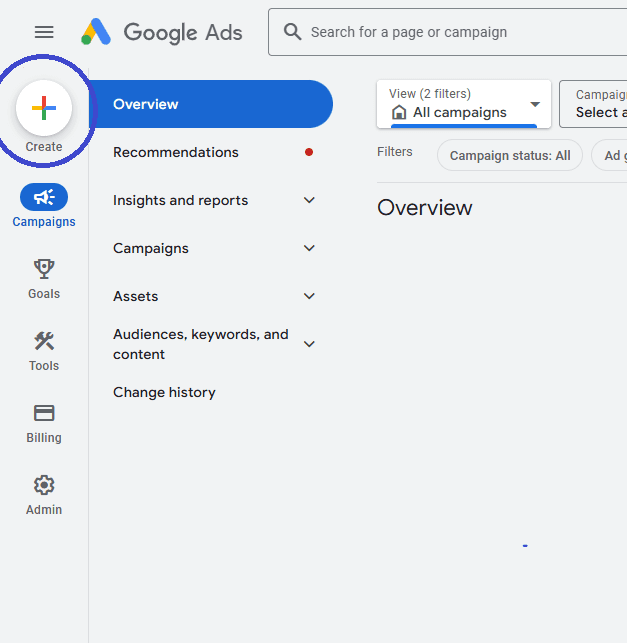 google ads dashboard with "create" button highlighted in blue.