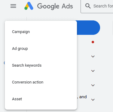 dropdown menu with options like campaign, ad group, and asset