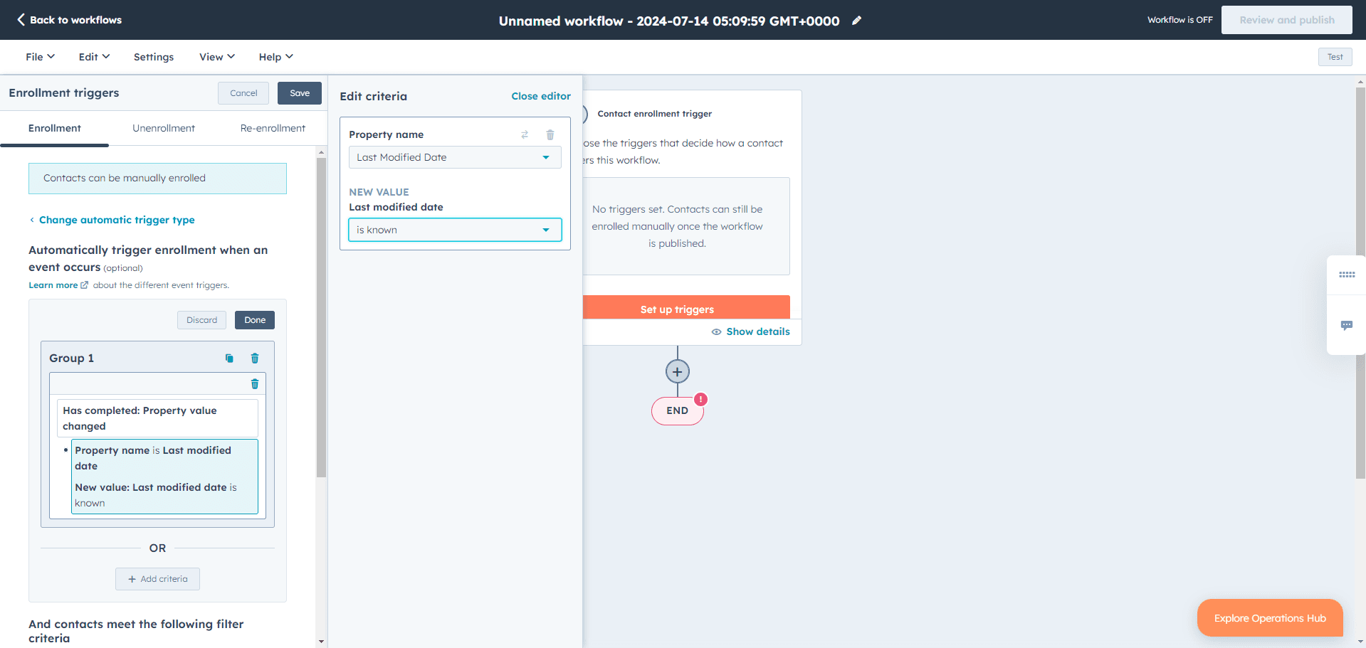 HubSpot workflow trigger setup with property change criteria.