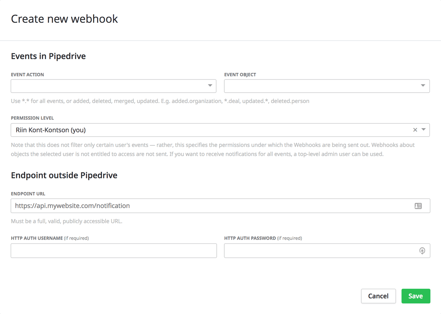 pipedrive webhook creation interface with event actions, endpoint url, and save option