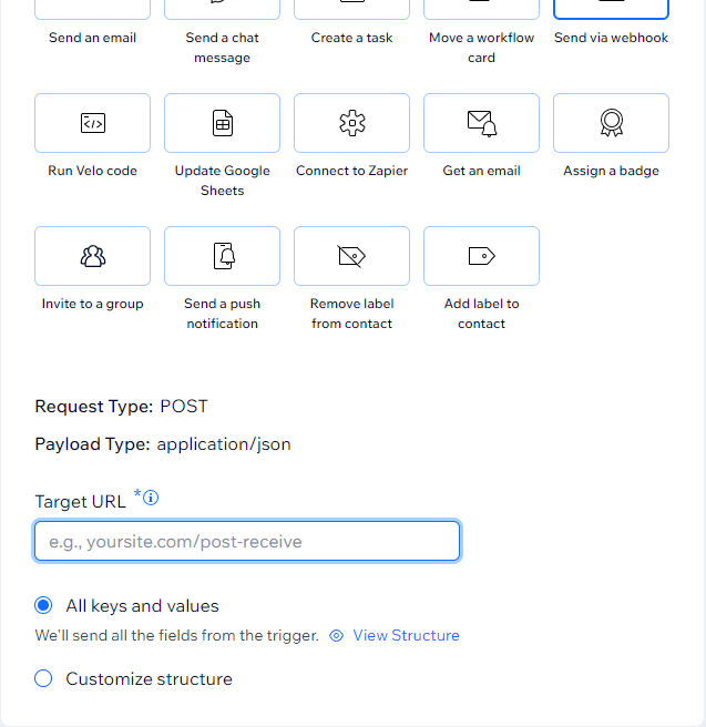 webhook settings for target URL