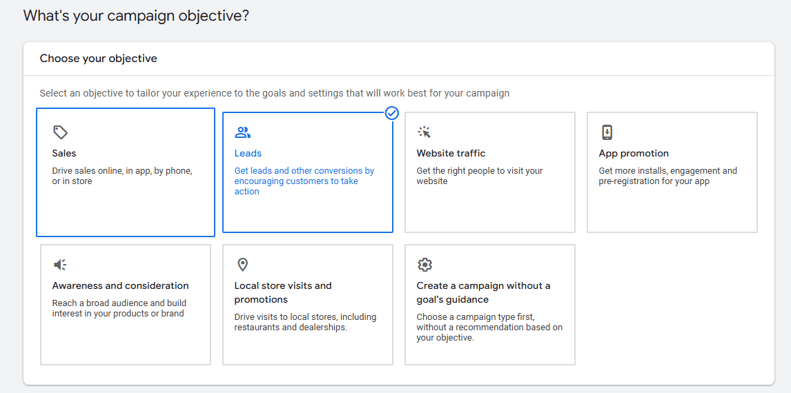 campaign objective selection screen showing goals like sales, leads, and awareness