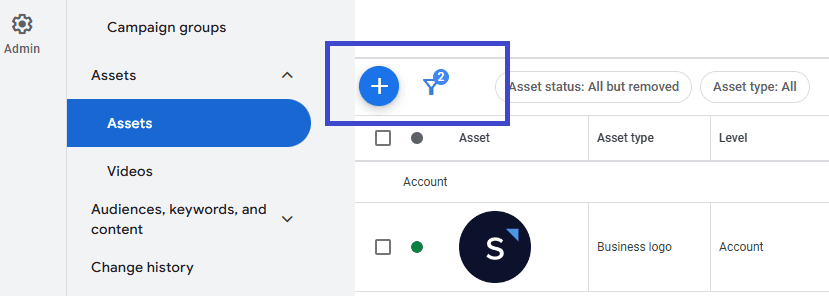 add asset" button highlighted in google ads assets tab