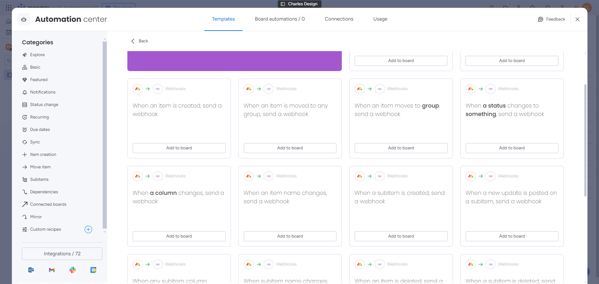 Monday.com automation center showing webhook integration template.