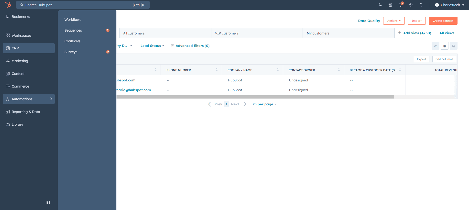 HubSpot interface showing navigation to HubSpot Workflows from Automations tab