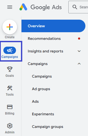 google ads menu with "campaigns" section highlighted in blue