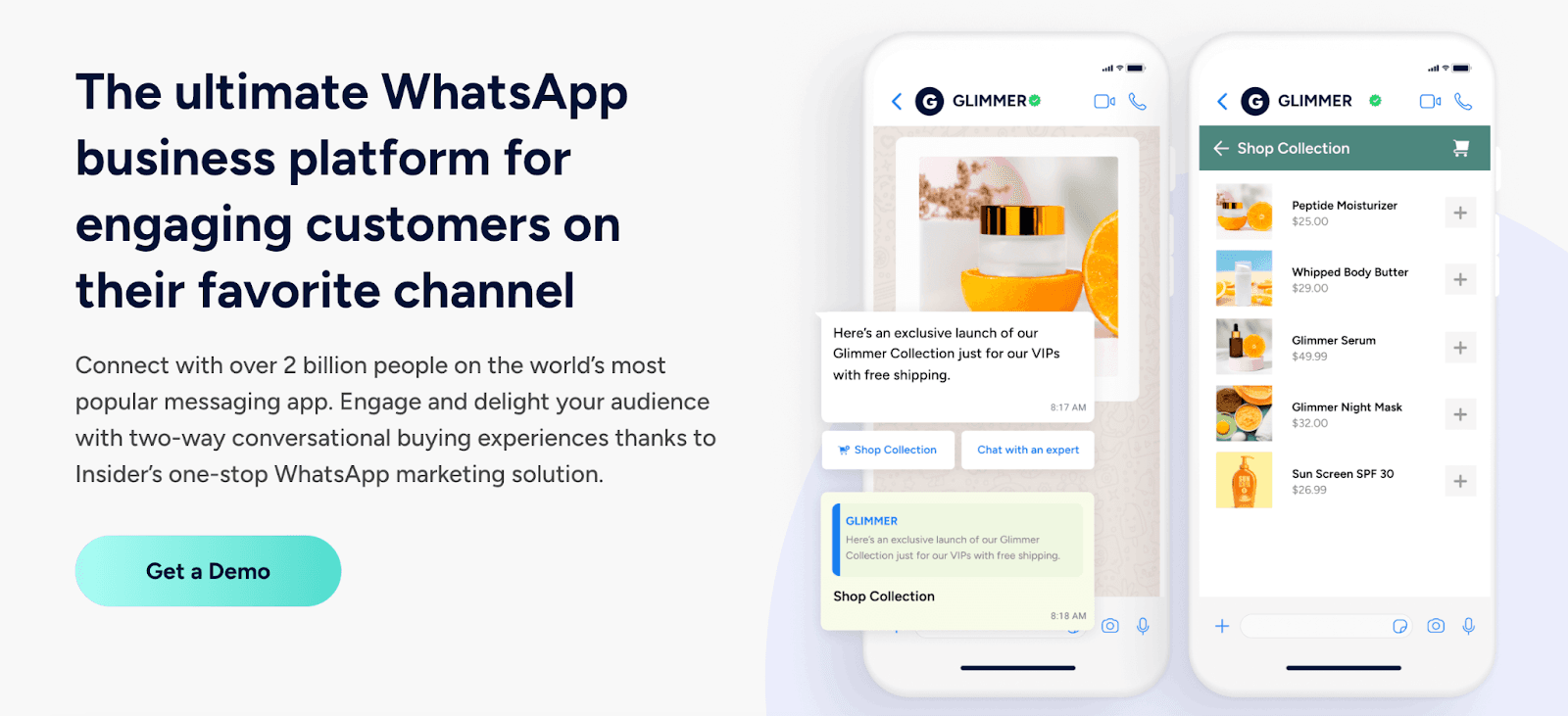 Insider WhatsApp platform for two-way conversational buying with product collections and expert chat.