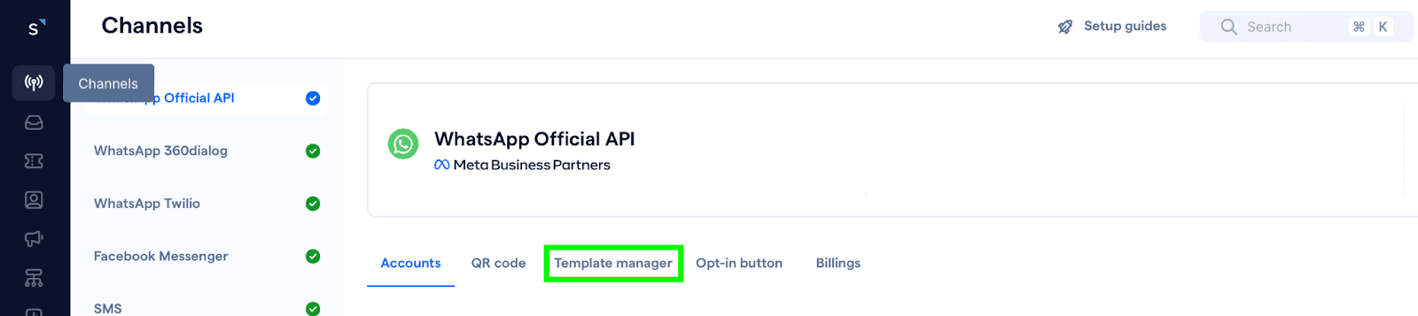 Screenshot of directing to template manager in SleekFlow for creating and managing business message templates