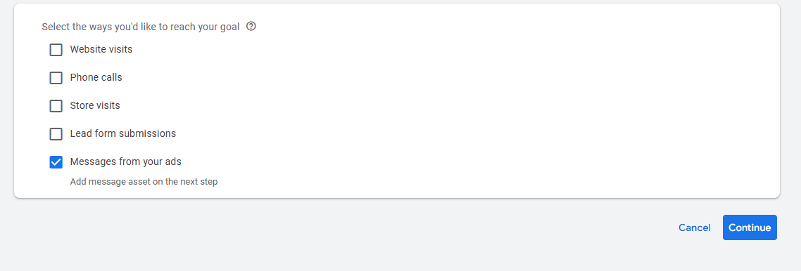 options to choose how to reach goals, highlighting "messages from your ads.