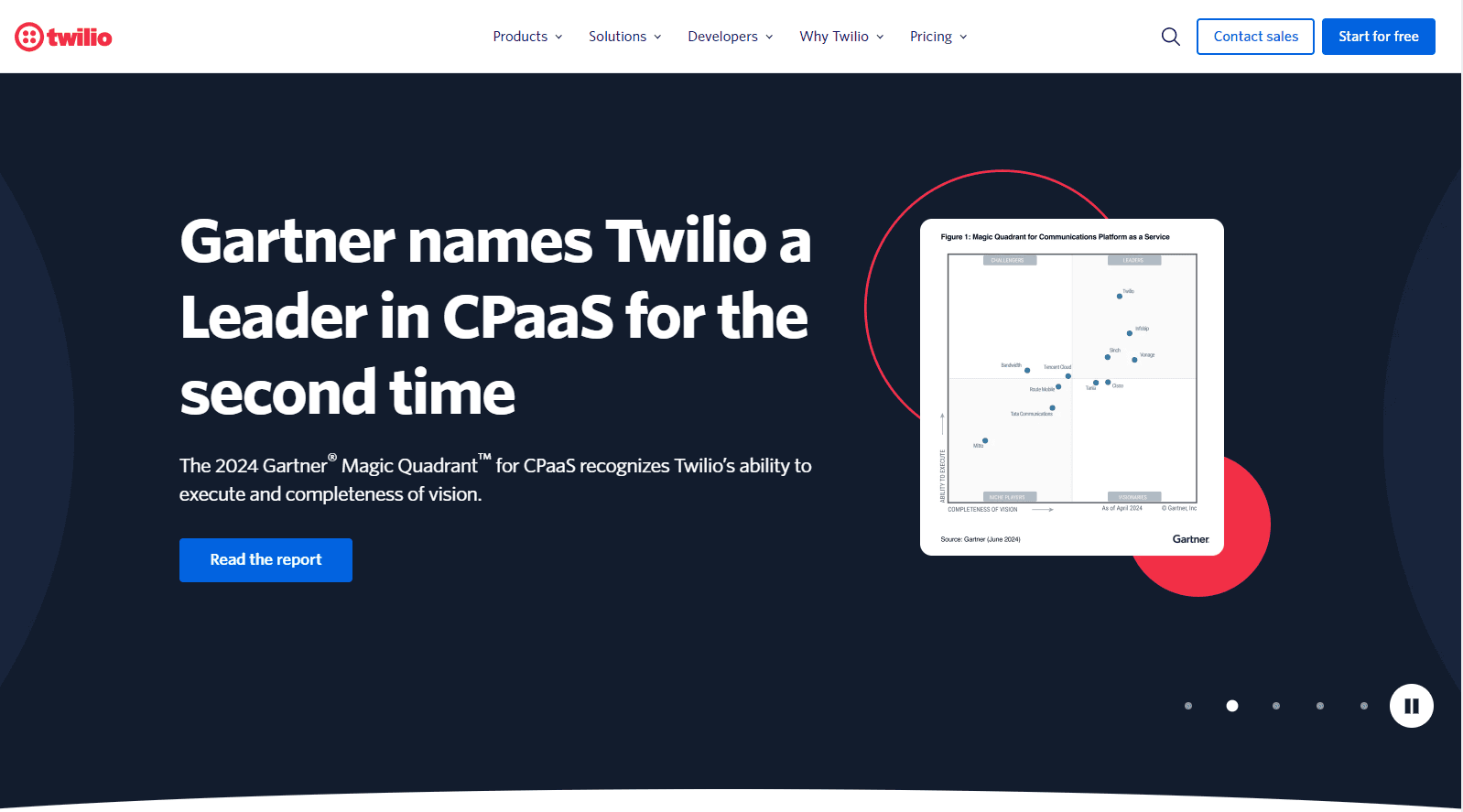 twilio homepage highlights cpaas leader status and includes a read report button.