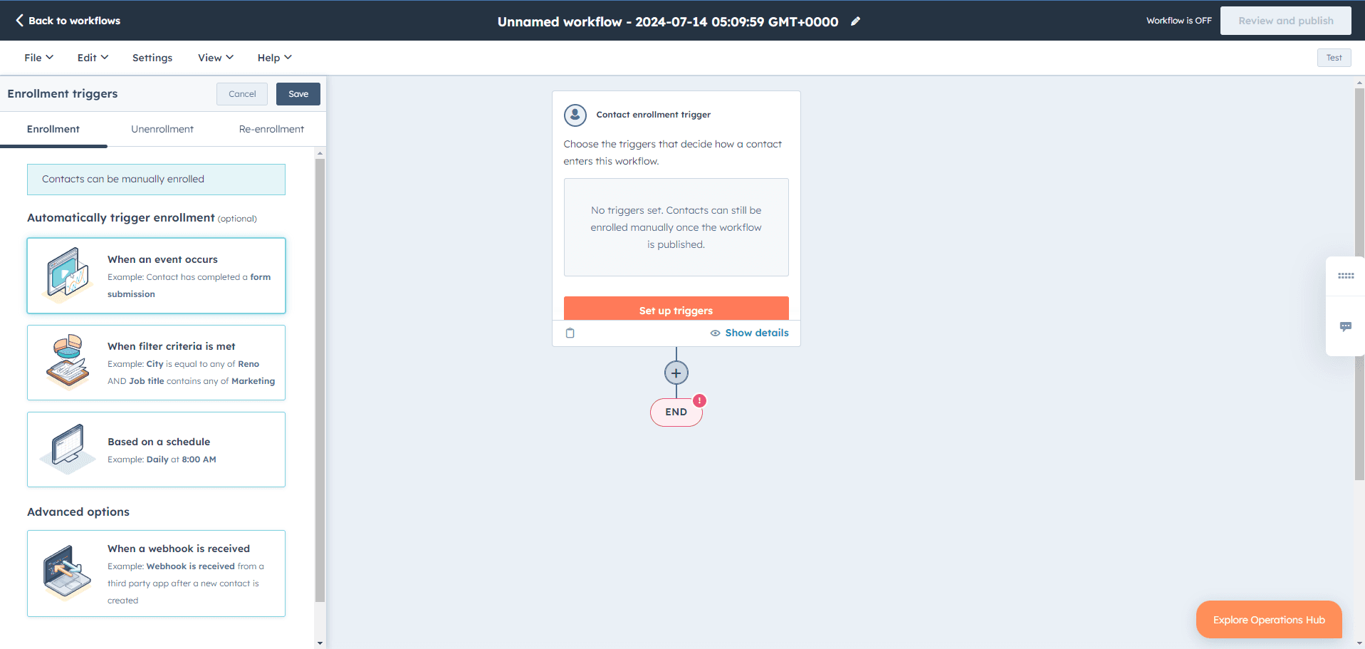 HubSpot workflow trigger setup screen for contact enrollment.