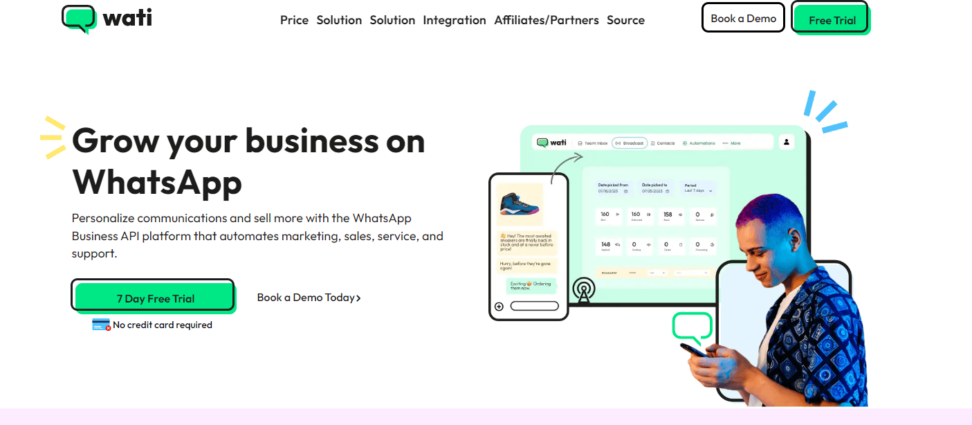 wati homepage offers a free trial for business api and chat automation services.