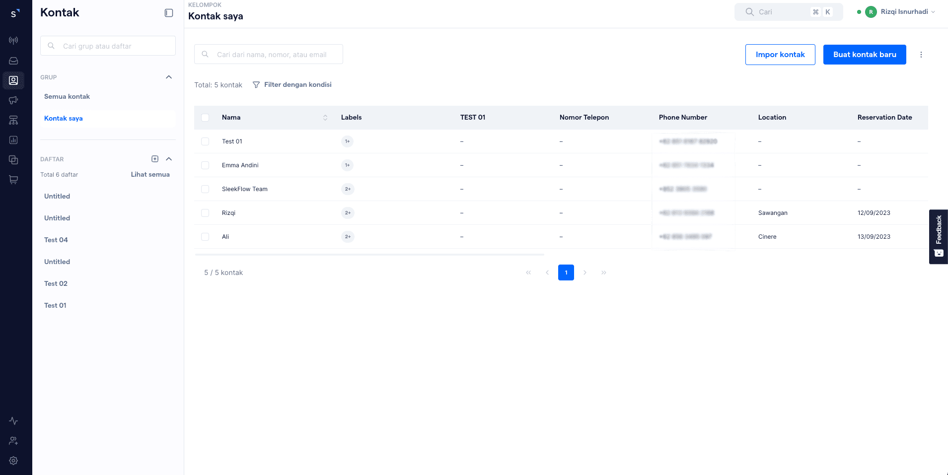 Menu Kontak SleekFlow