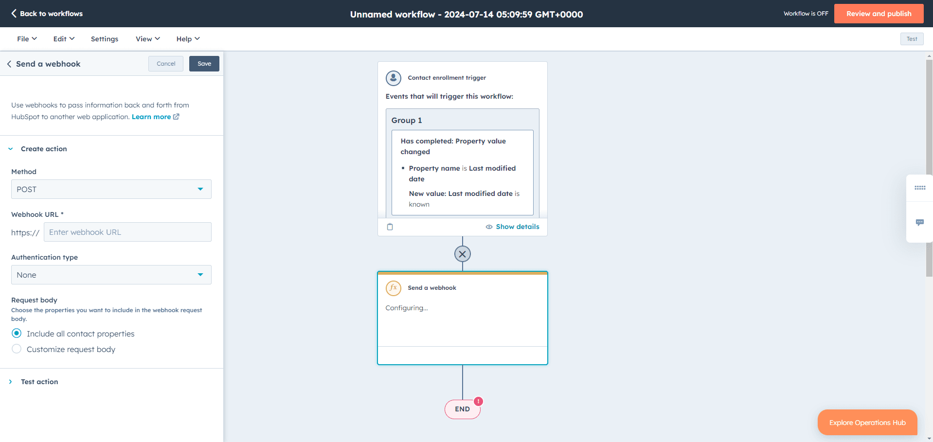 HubSpot webhook setup with customized request body option selected