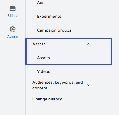 google ads menu showing "assets" section expanded