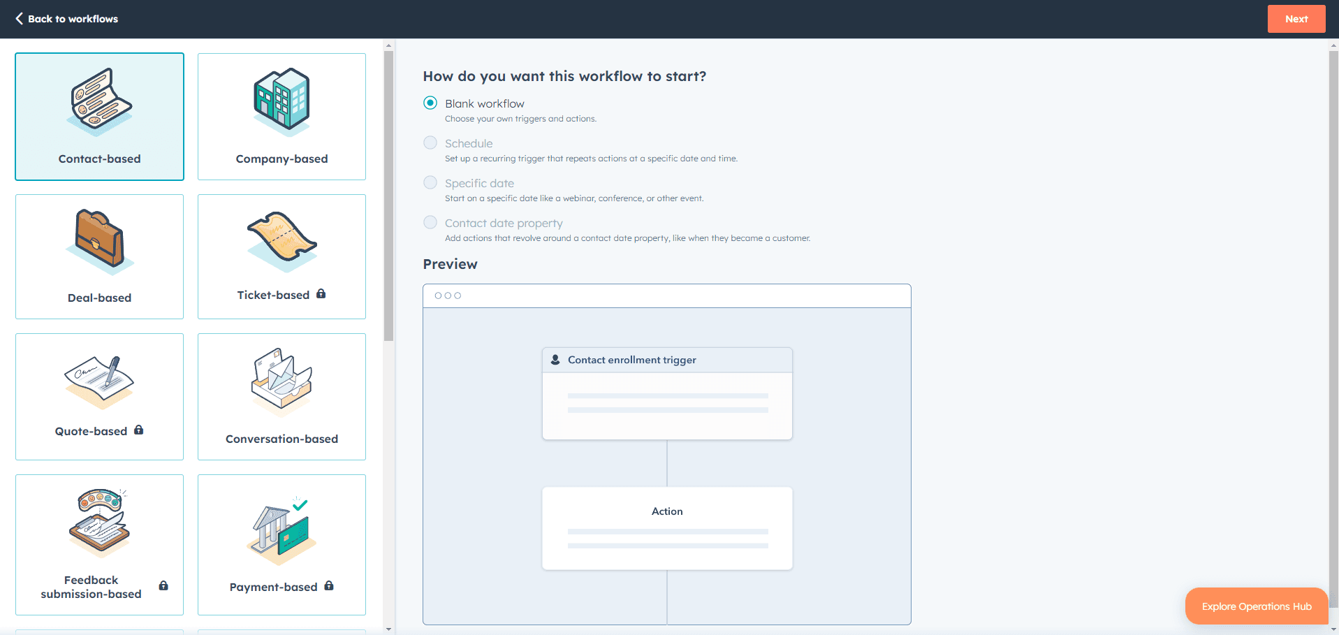 HubSpot contact-based workflow setup screen.