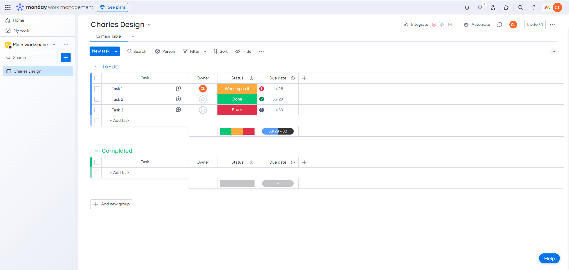 Monday.com project management dashboard with task status and due dates