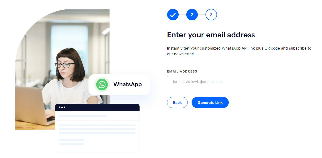 lady entering email address to generate whatsapp api link