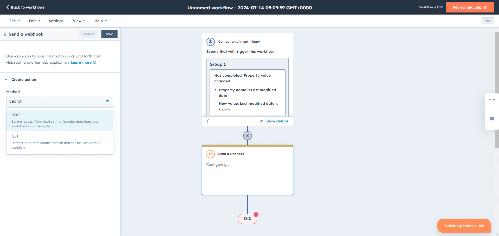 HubSpot webhook setup screen with POST method selected.