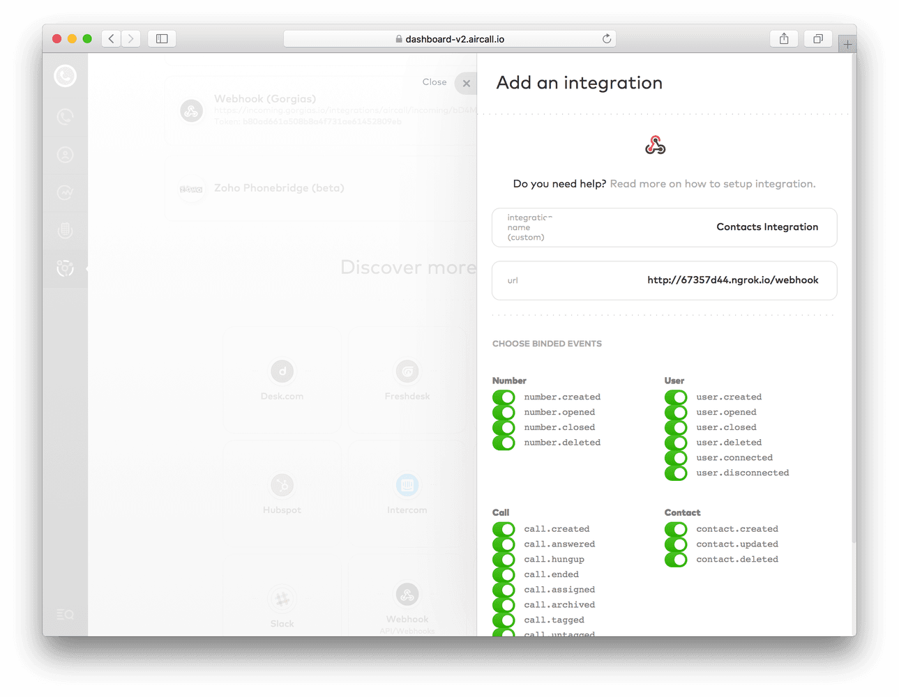 integration setup screen with binded events