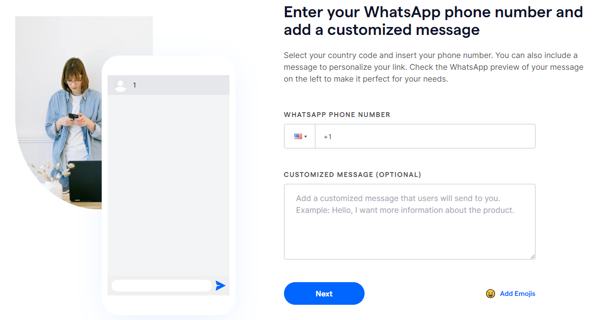 entering whatsapp number and custom message setup