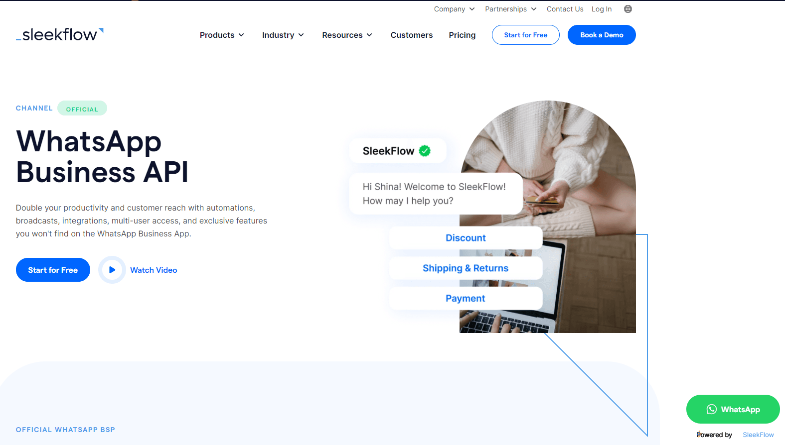 sleekflow homepage showcasing api chat options with a free trial button