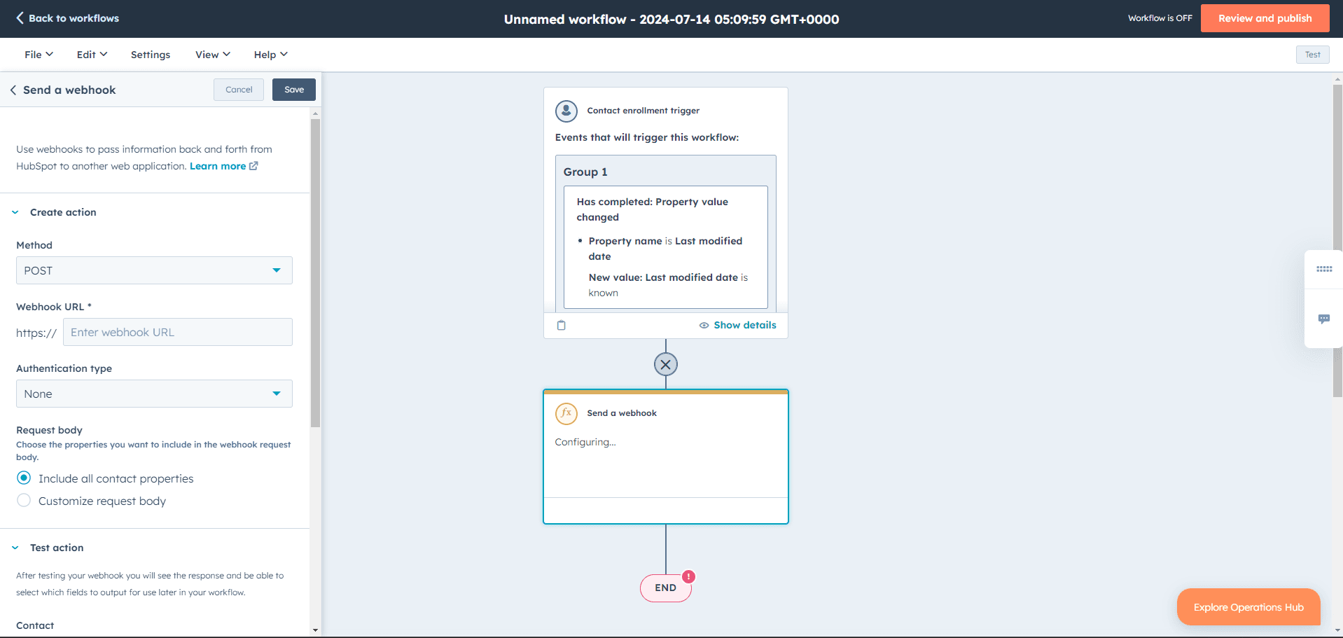 HubSpot webhook setup screen with save option highlighted