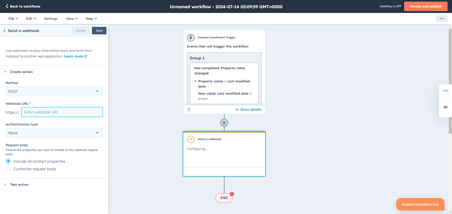 HubSpot webhook configuration screen with URL and POST method