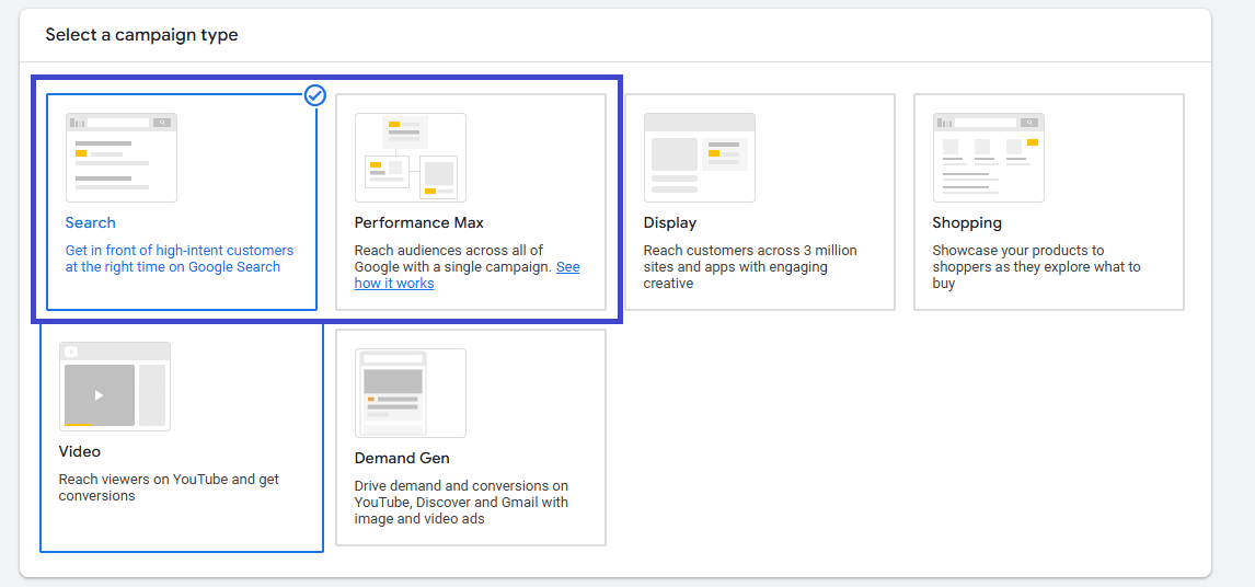 campaign type selection with options such as search, performance max, and video