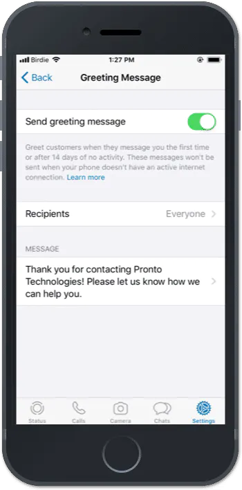 Exemplo de mensagem de saudação no WhatsApp para empresas