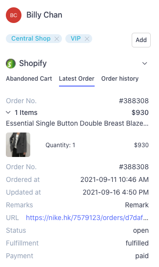 Showing the latest order on SleekFlow after blasting whatsapp messages