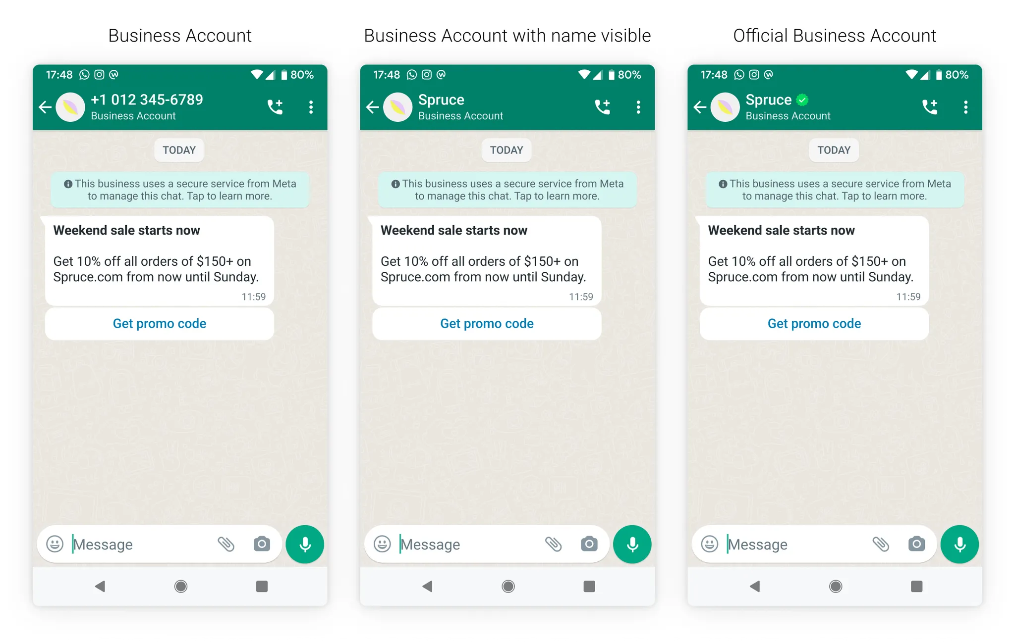 Examples of WhatsApp Business Account, before and after verification