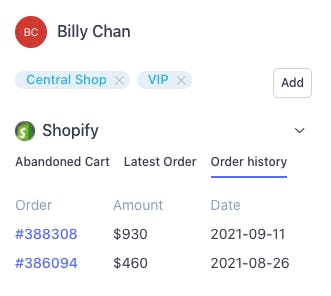 Shopify order history in the chat profile