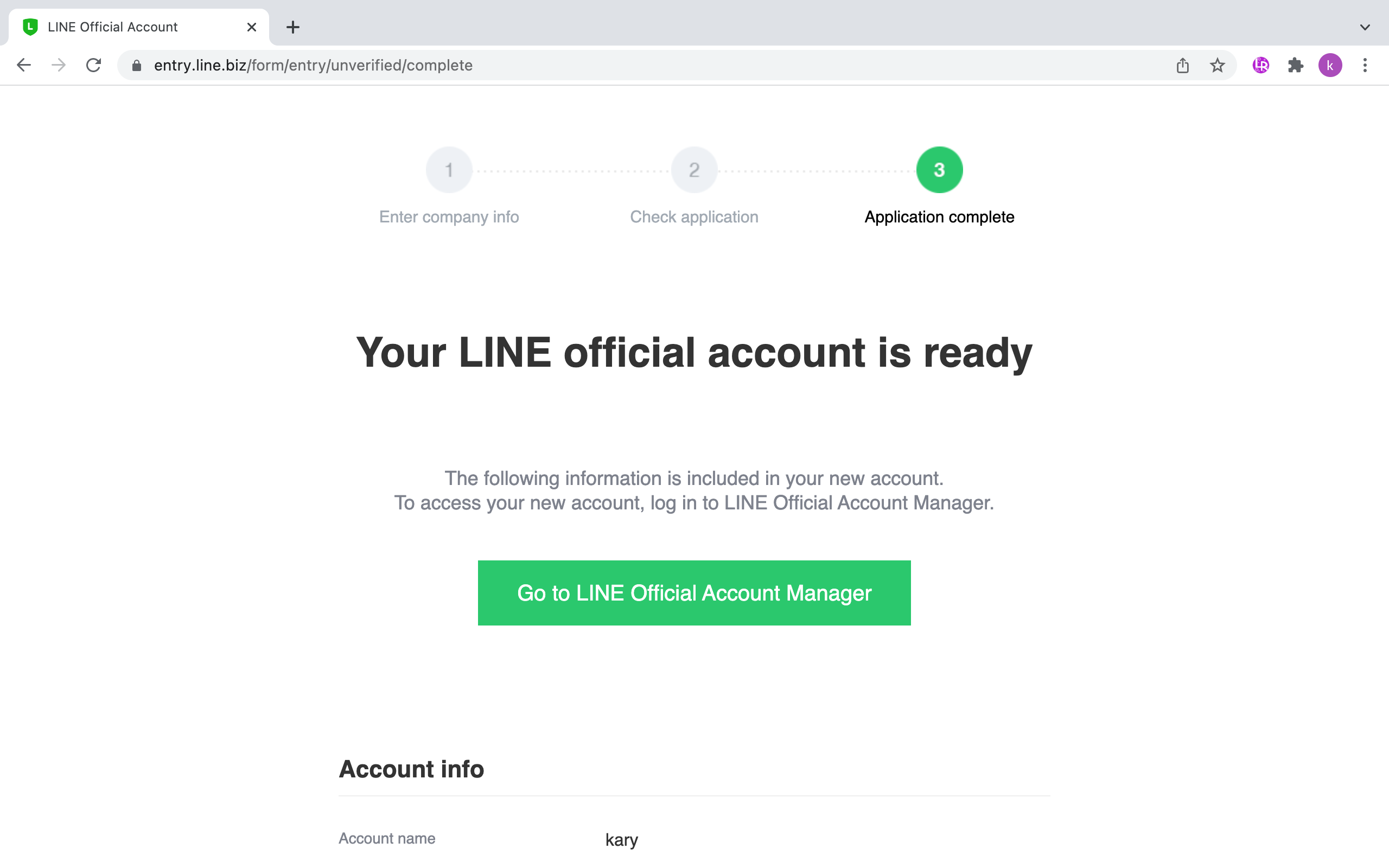 Creating LINE Business account successfully