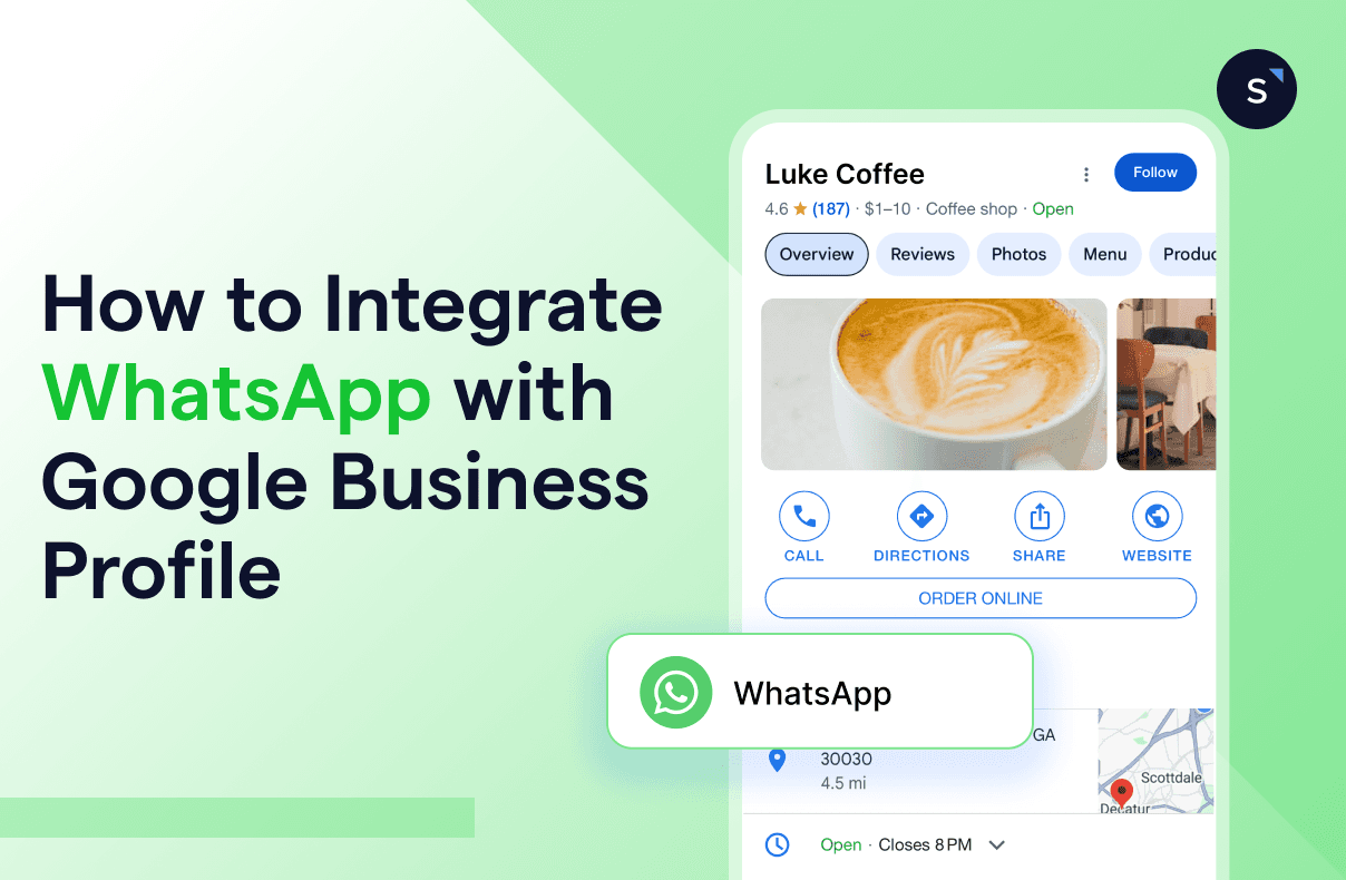 A smartphone showing a Google Business Profile listing with a prominent WhatsApp contact button for a local business.