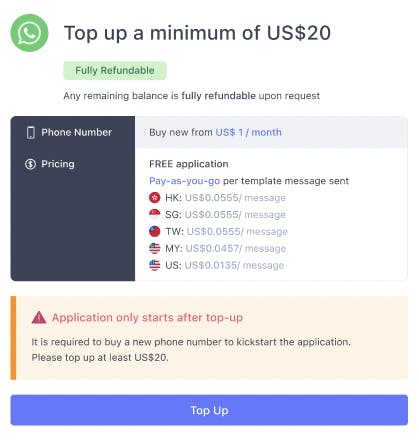 Top up USD20 of WhatsApp credits