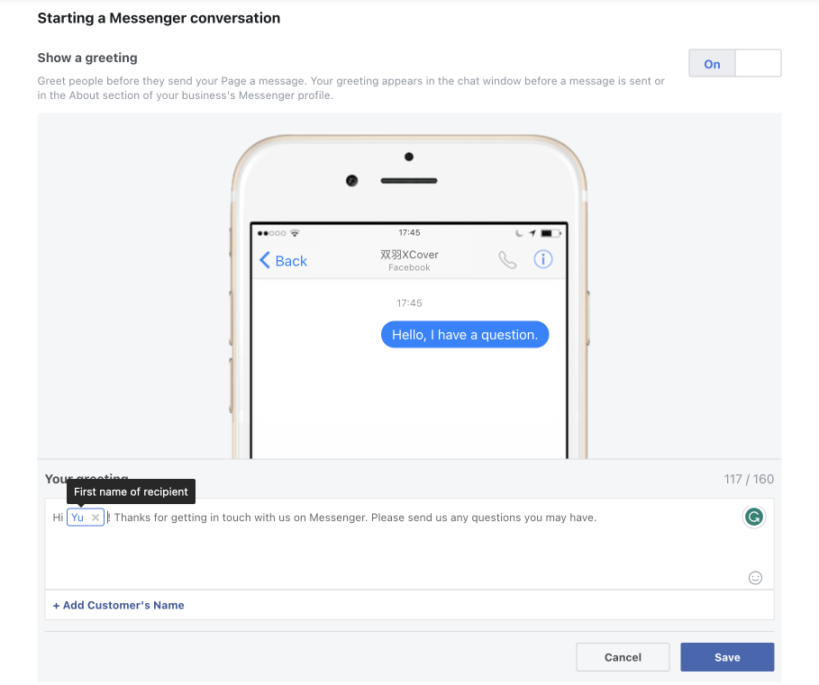 Set up your greeting message for Messenger customer service