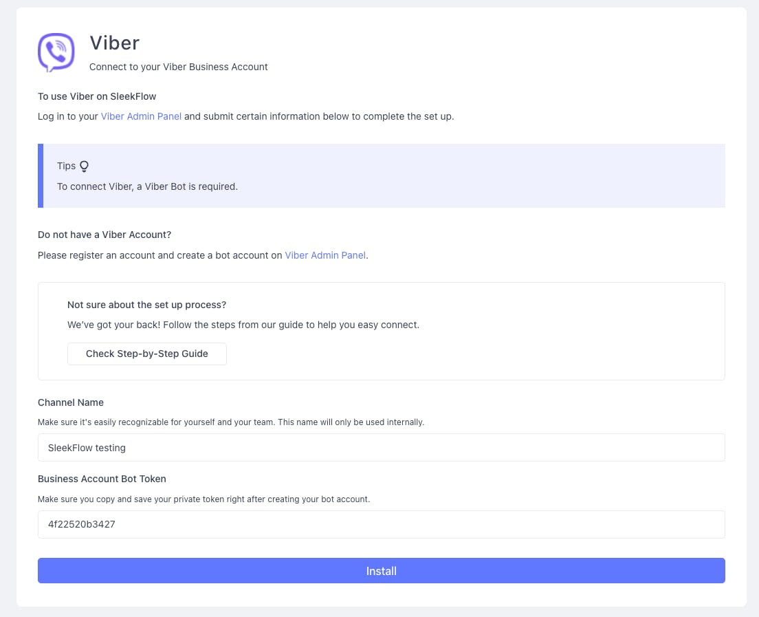 Paste the Viber private token to connect to SleekFlow