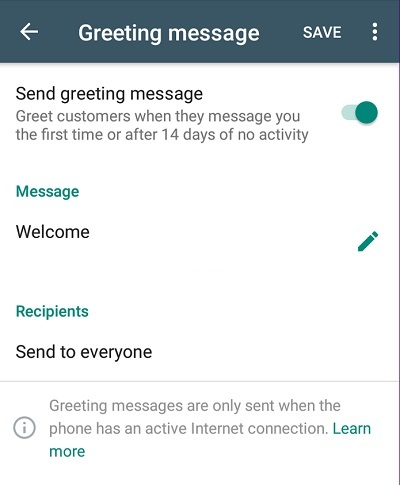 Automatic welcome message on whatsapp