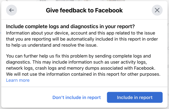Include complete logs for better Facebook support