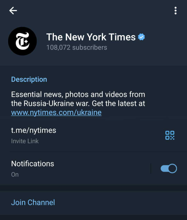 Die New York Times nutzt ein Telegram Business-Konto für Marketing