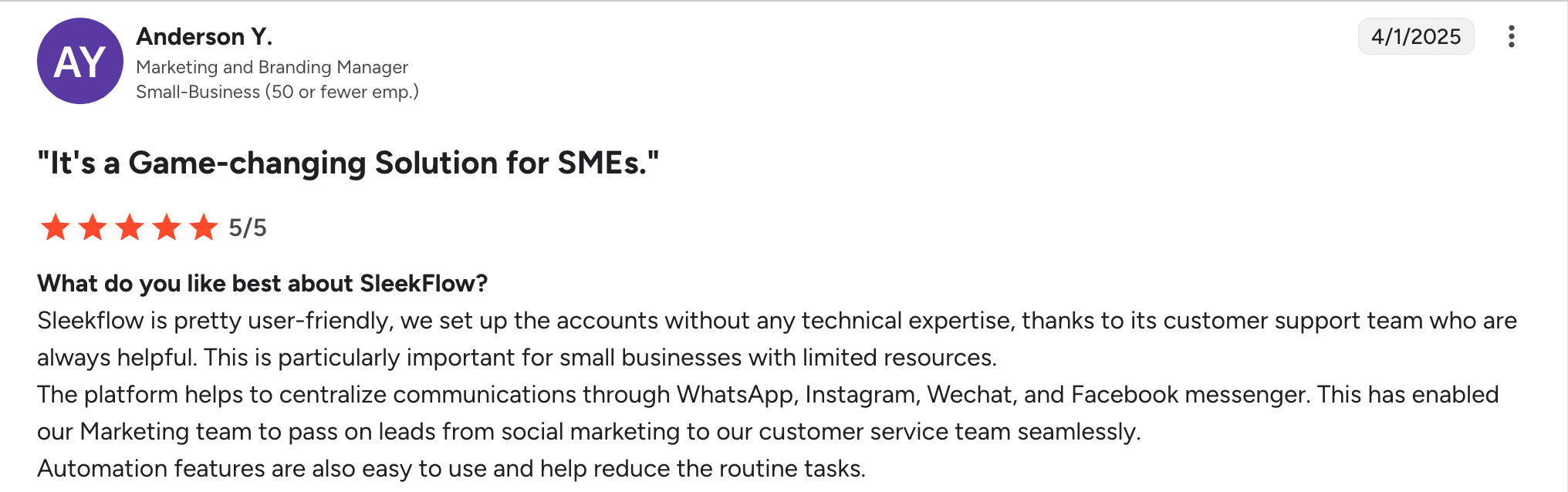 Pendapat Customer tentang mudahnya UI SleekFlow