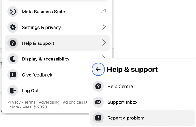 Report a problem on Facebook for support
