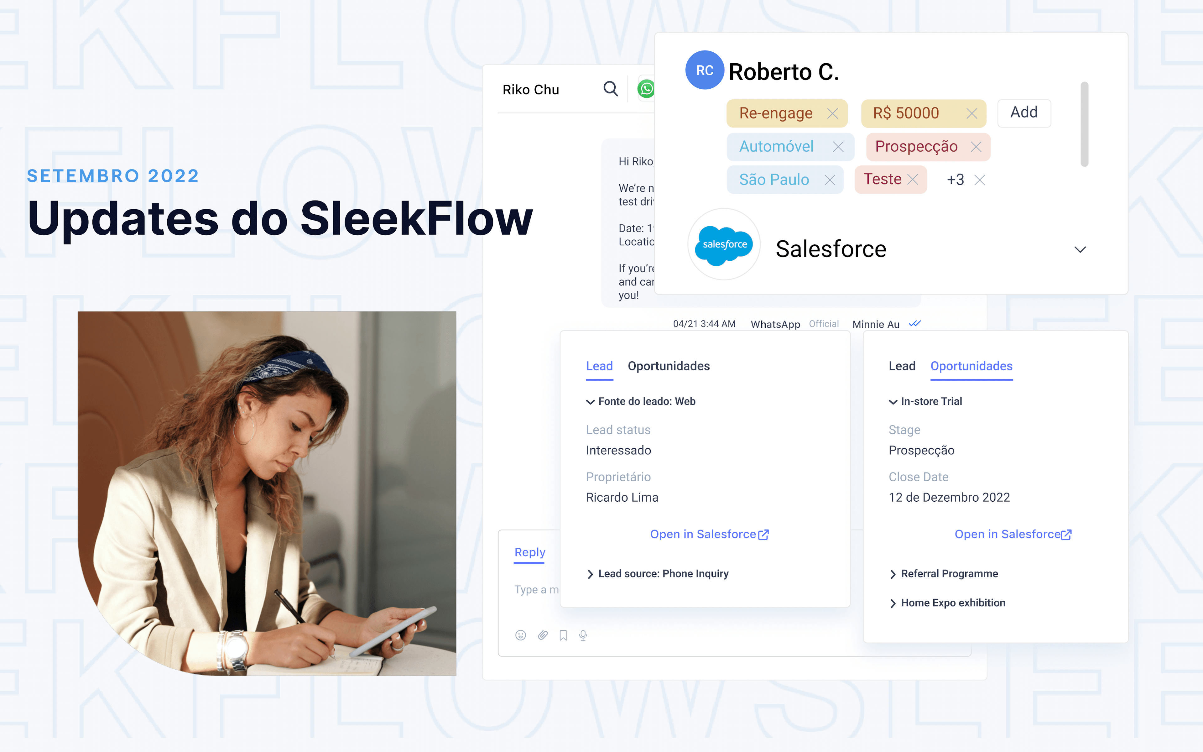 O que há de novo no SleekFlow: sincronize contatos, leads e oportunidades do Salesforce e melhore desempenho e produtividade