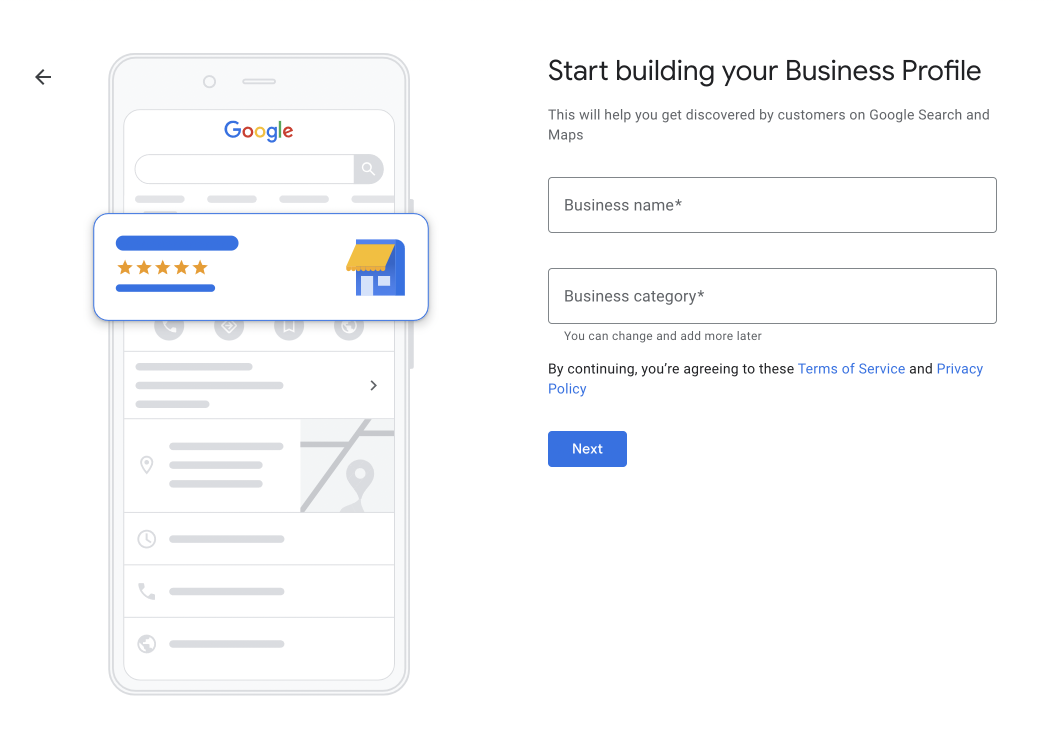 Step 1 for creating a Google Business profile