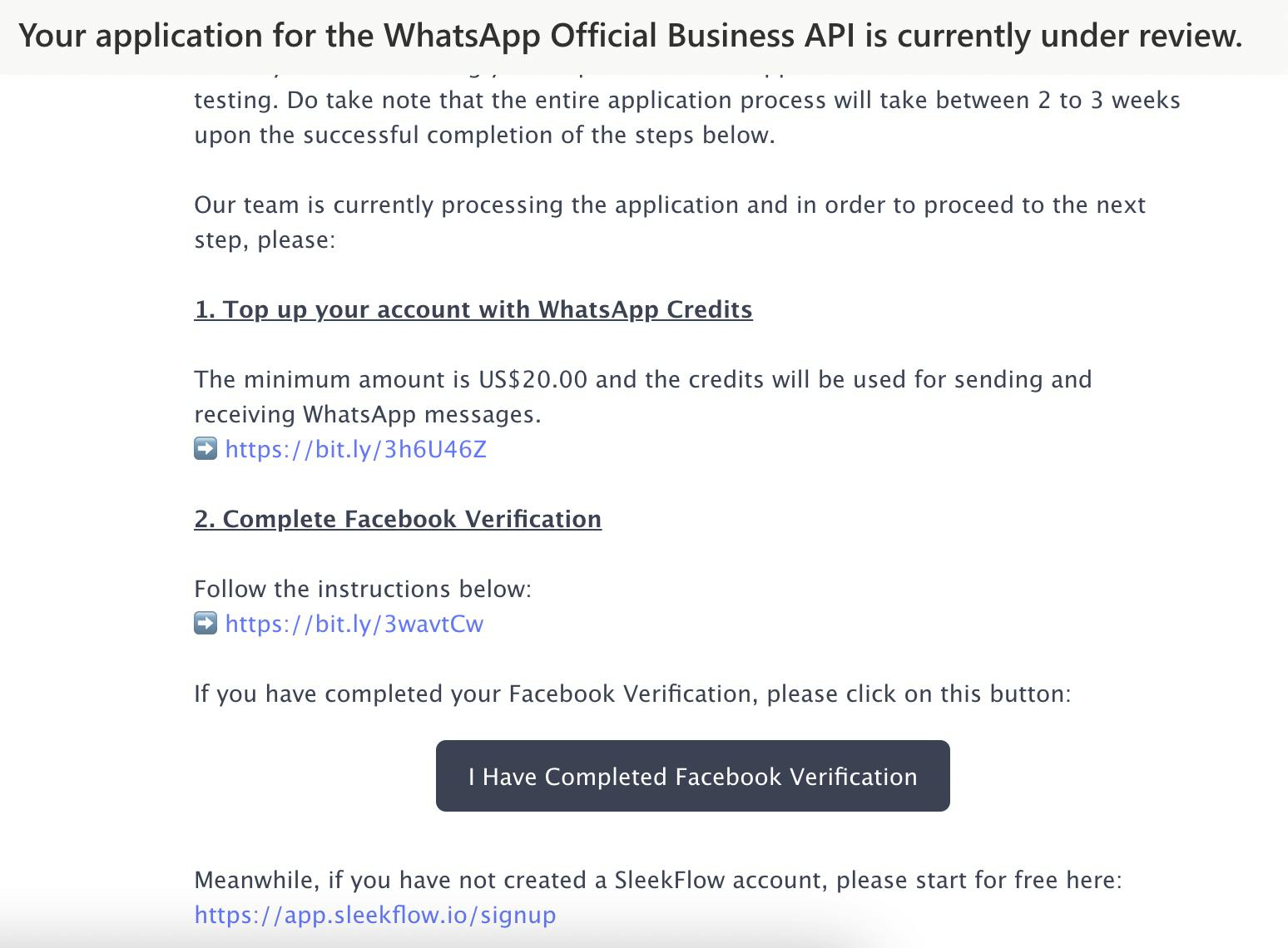 Application for WhatsApp Official Business API under review