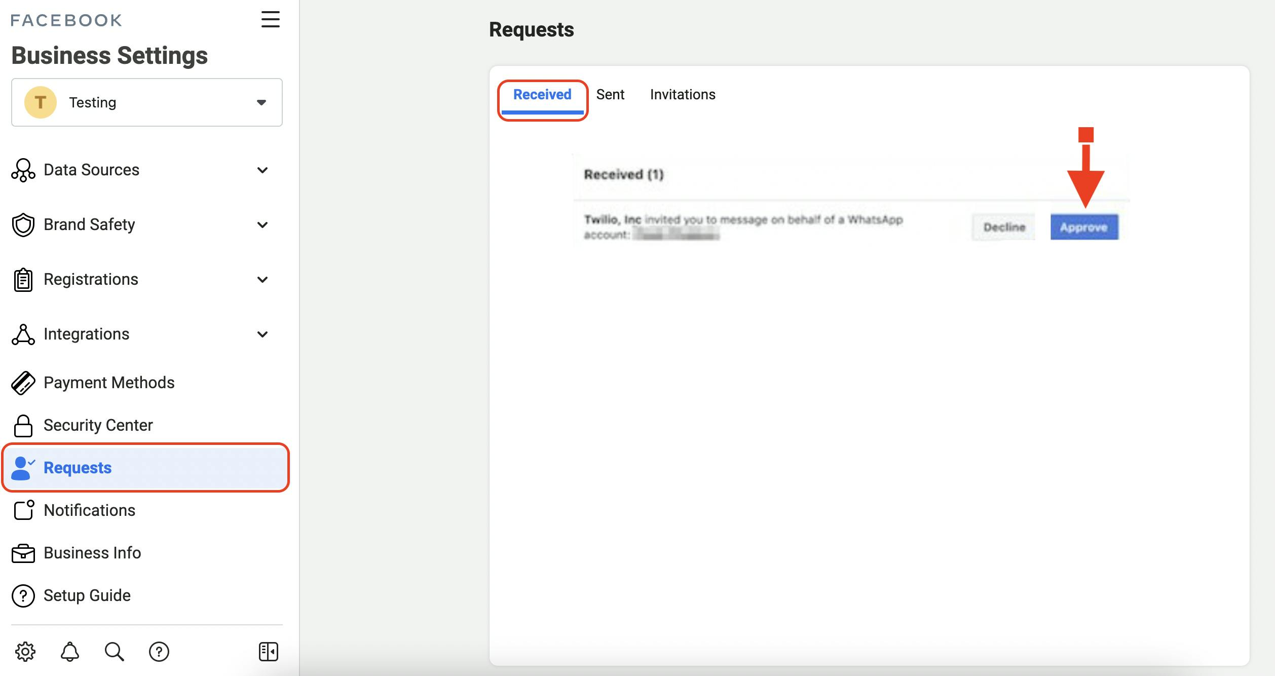 Approving Twilio request on Facebook Business Manager