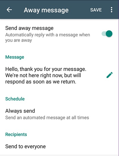 Example of away message on WhatsApp